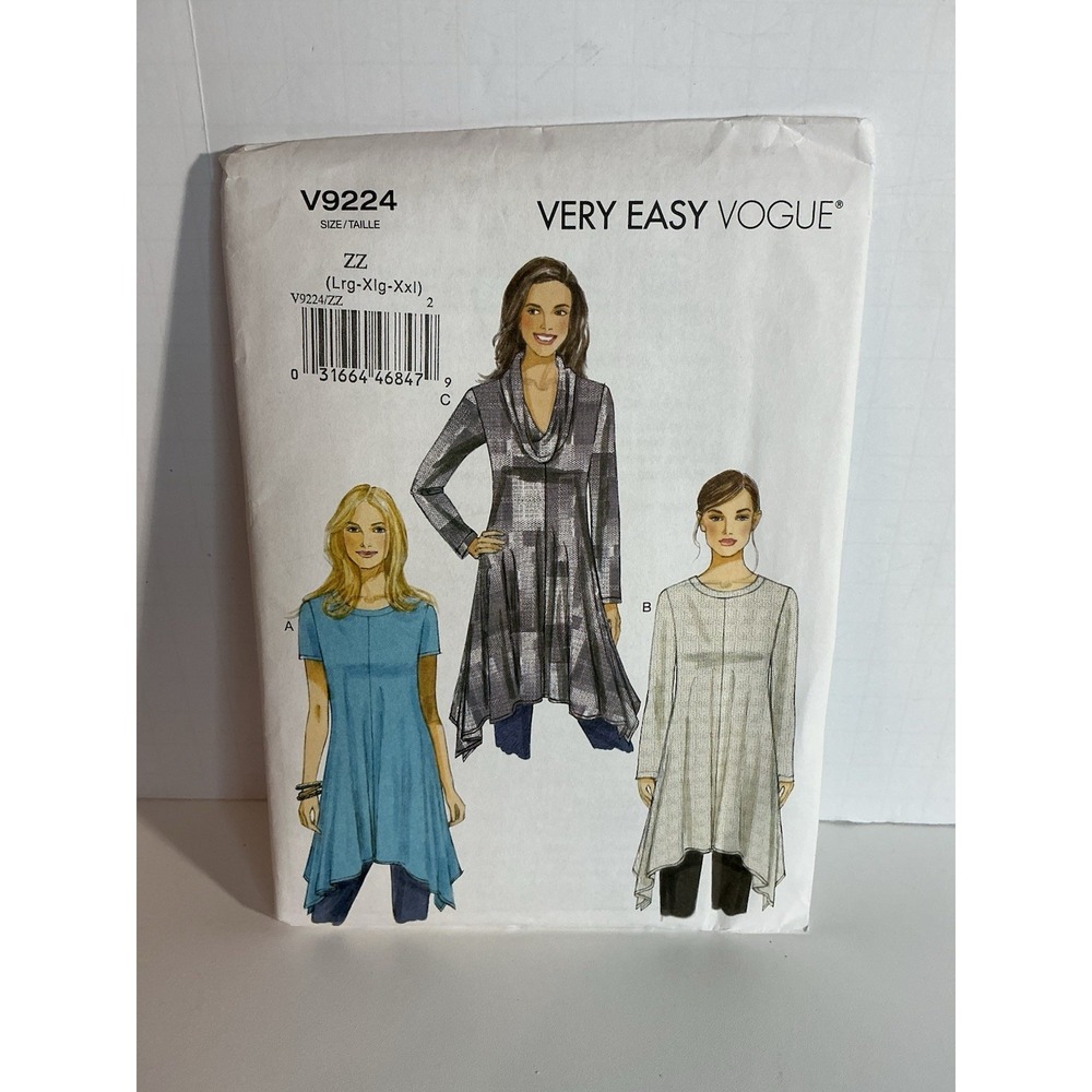 Vogue V9224 Handkerchief Hem Tunic w Cowl Neckline Sz 16-26 UNCUT Pattern